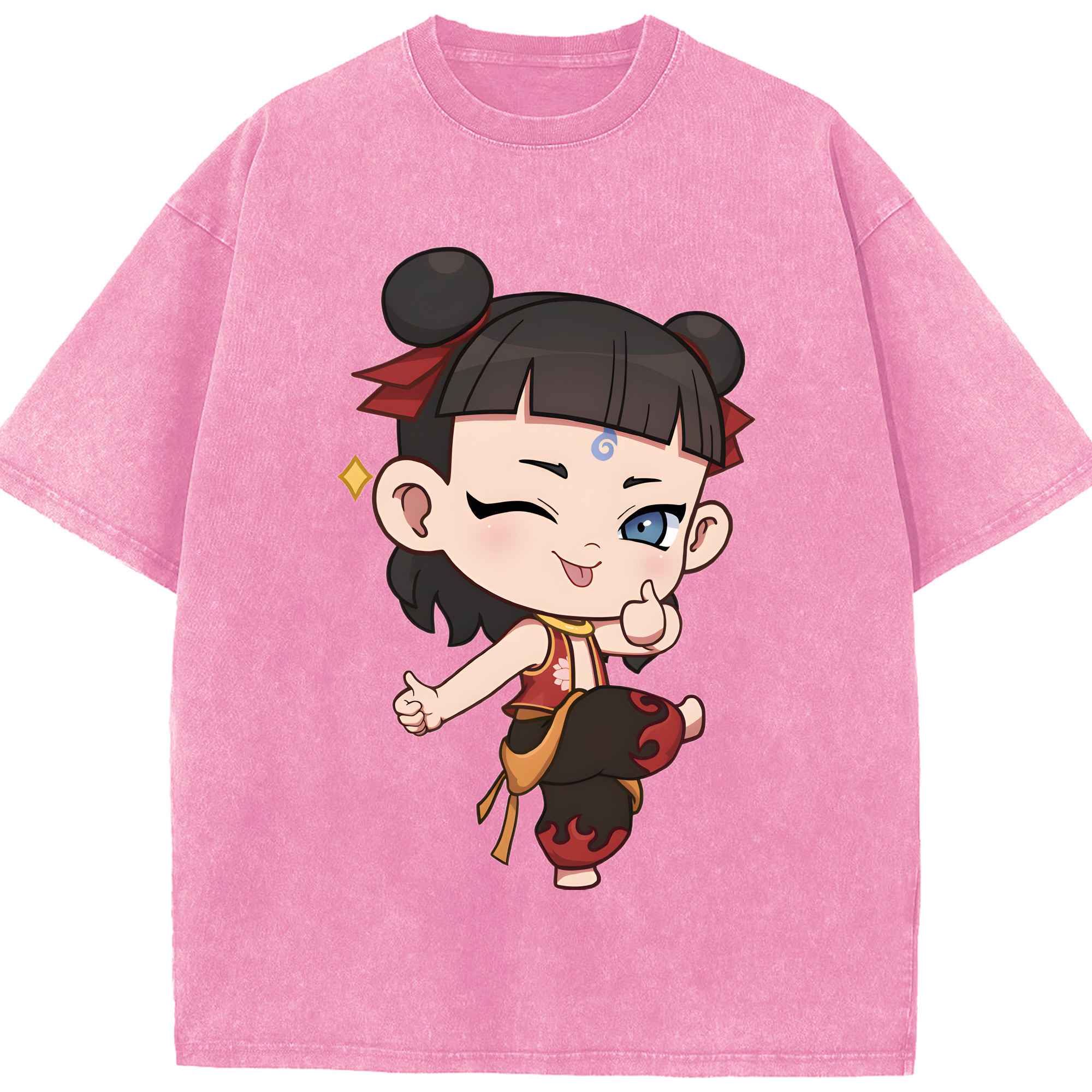 （画像用） Ne Zha 2 ナタ 魔童の大暴れ 綿100% ヴィンテージ風 半袖Tシャツ（フロントプリント）